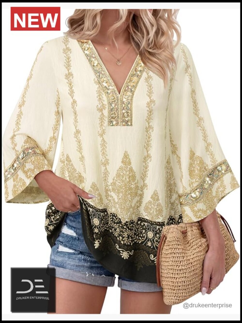 3/4 Sleeve Embroidered V Neck Boho Tunic Top